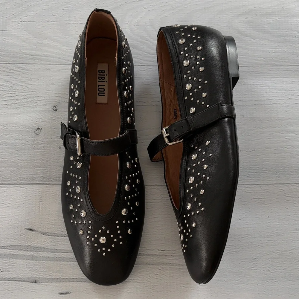 Anthropologie Bibi‎ Lou Studded Mary Jane Ballet Flats Size 39/US 8.5-9 Black